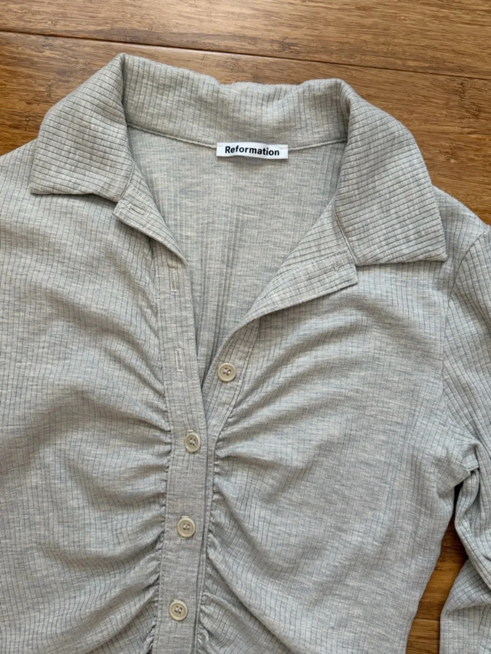 Reformation Light Gray Ribbed Ruched Button-Up Long Sleeve Top - Picture 2 of 6